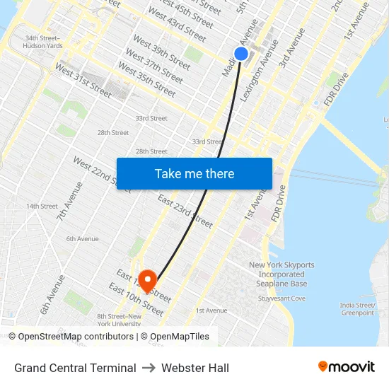 Grand Central Terminal to Webster Hall map
