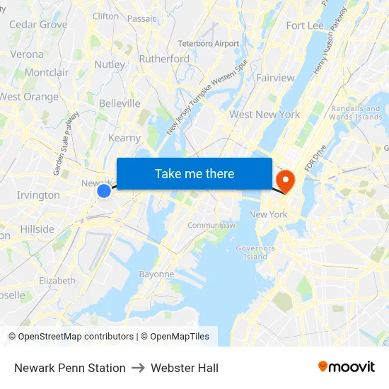Newark Penn Station to Webster Hall map