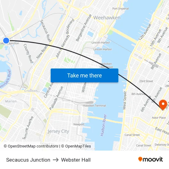 Secaucus Junction to Webster Hall map