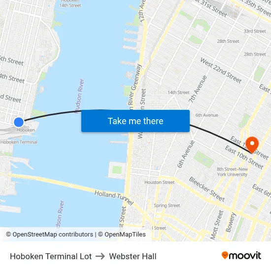 Hoboken Terminal Lot to Webster Hall map