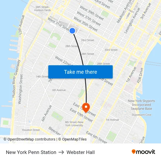 New York Penn Station to Webster Hall map