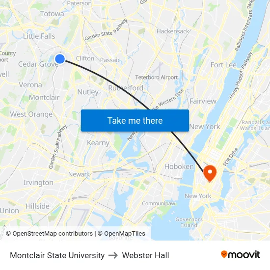 Montclair State University to Webster Hall map