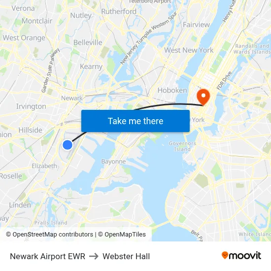 Newark Airport EWR to Webster Hall map