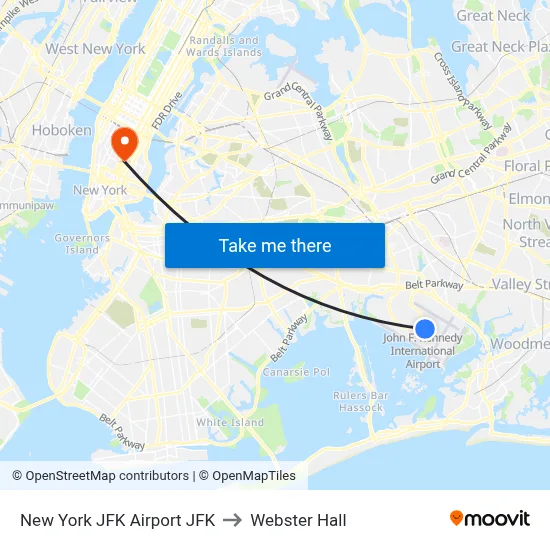 New York JFK Airport JFK to Webster Hall map