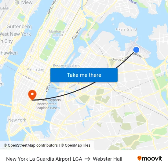 New York La Guardia Airport LGA to Webster Hall map