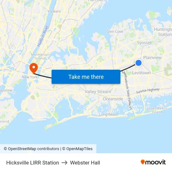 Hicksville LIRR Station to Webster Hall map