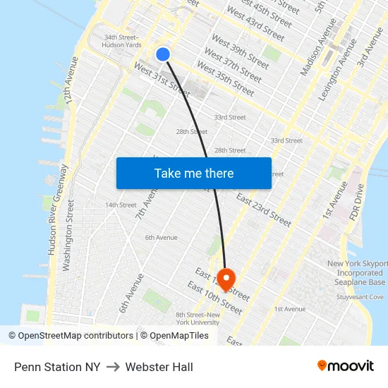 Penn Station NY to Webster Hall map
