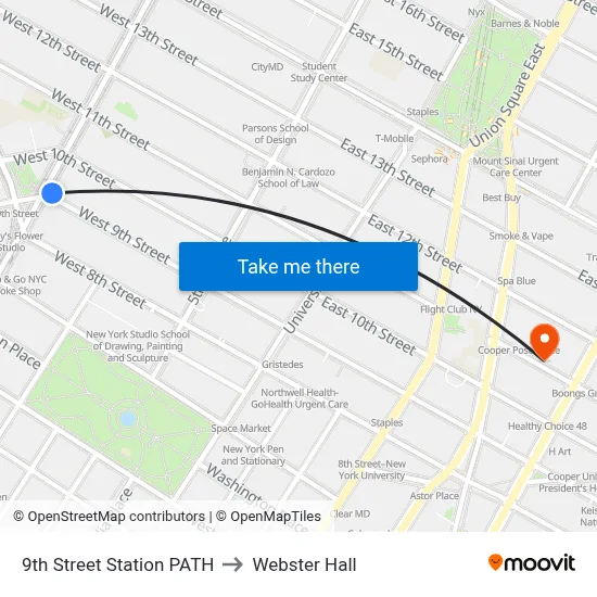 9th Street Station PATH to Webster Hall map