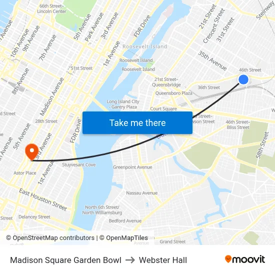 Madison Square Garden Bowl to Webster Hall map