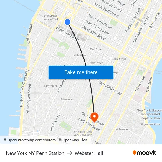 New York NY Penn Station to Webster Hall map