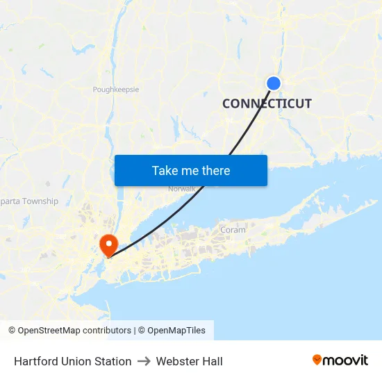 Hartford Union Station to Webster Hall map