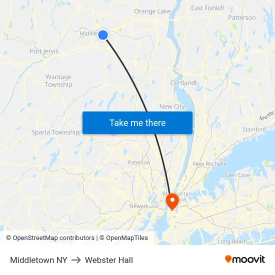 Middletown NY to Webster Hall map