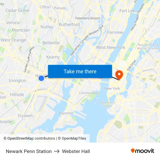 Newark Penn Station to Webster Hall map