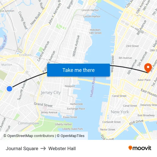 Journal Square to Webster Hall map