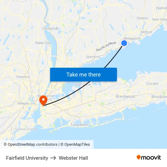 Fairfield University to Webster Hall map