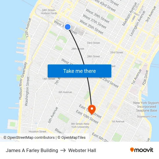 James A Farley Building to Webster Hall map
