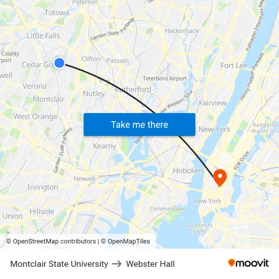 Montclair State University to Webster Hall map