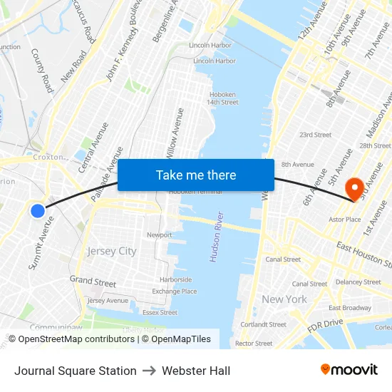 Journal Square Station to Webster Hall map