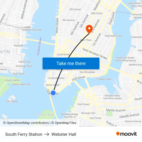 South Ferry Station to Webster Hall map