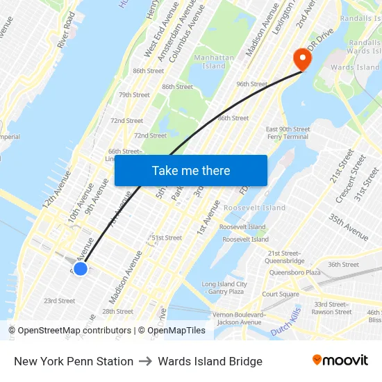 New York Penn Station to Wards Island Bridge map