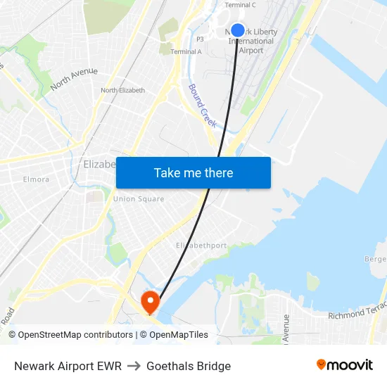 Newark Airport EWR to Goethals Bridge map