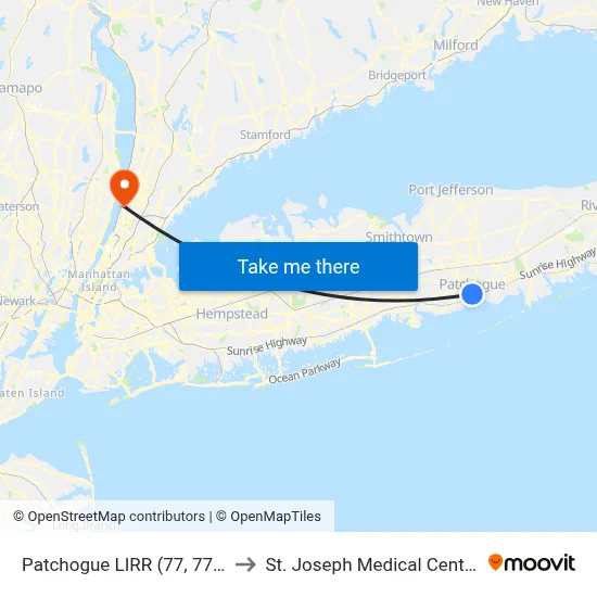 Patchogue LIRR (77, 77y) to St. Joseph Medical Center map