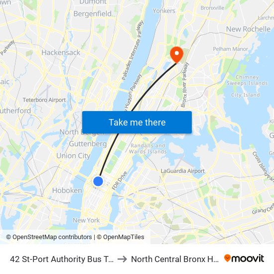 42 St-Port Authority Bus Terminal to North Central Bronx Hospital map