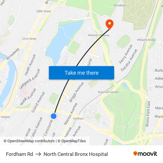 Fordham Rd to North Central Bronx Hospital map