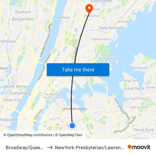 Broadway/Queens Blvd to NewYork-Presbyterian / Lawrence Hospital map