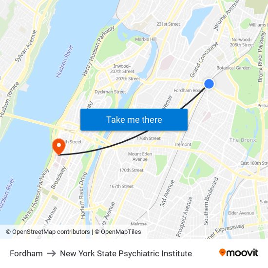 Fordham to New York State Psychiatric Institute map