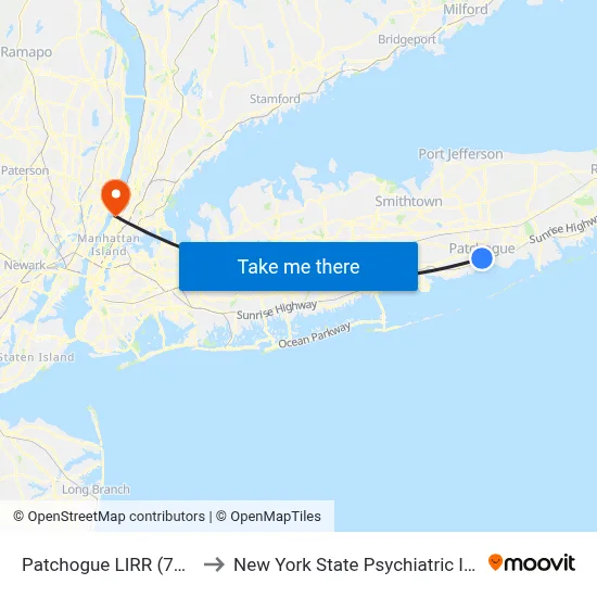 Patchogue LIRR (77, 77y) to New York State Psychiatric Institute map