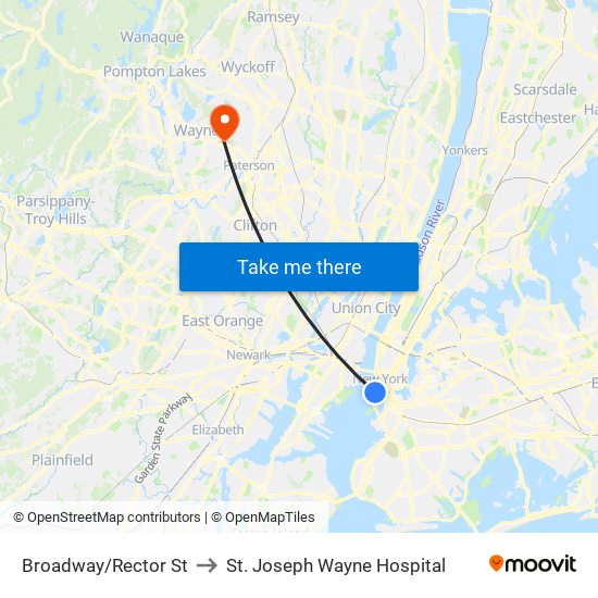 Broadway/Rector St to St. Joseph Wayne Hospital map