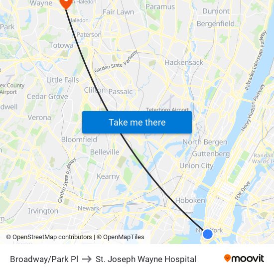 Broadway/Park Pl to St. Joseph Wayne Hospital map
