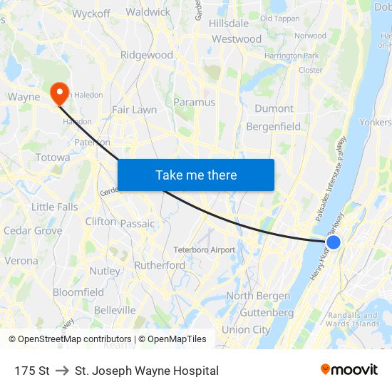 175 St to St. Joseph Wayne Hospital map
