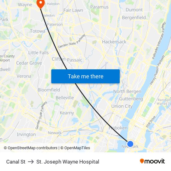 Canal St to St. Joseph Wayne Hospital map