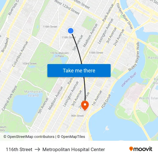 116th Street to Metropolitan Hospital Center map