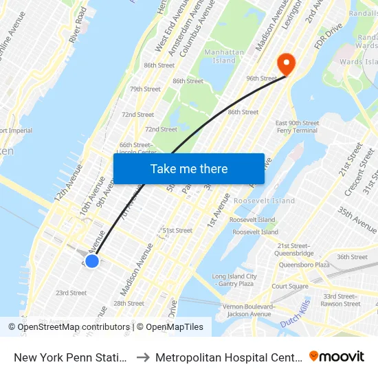 New York Penn Station to Metropolitan Hospital Center map