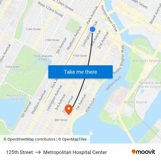 125th Street to Metropolitan Hospital Center map