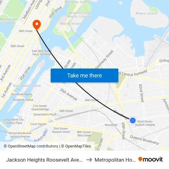 Jackson Heights Roosevelt Avenue 74th Street Station to Metropolitan Hospital Center map