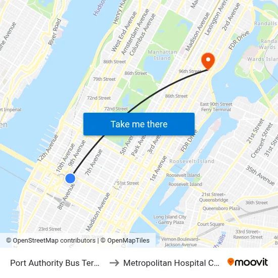 Port Authority Bus Terminal to Metropolitan Hospital Center map
