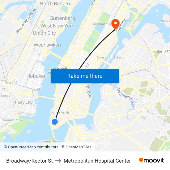 Broadway/Rector St to Metropolitan Hospital Center map