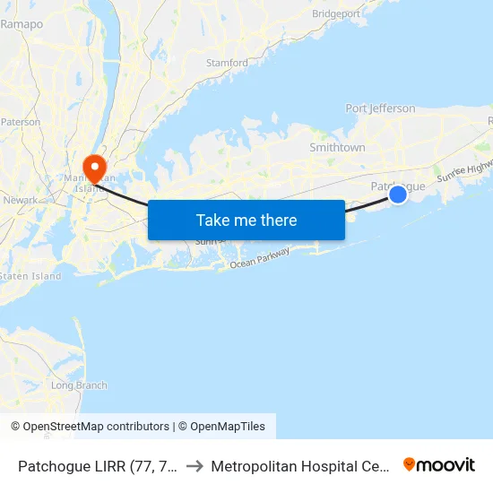 Patchogue LIRR (77, 77y) to Metropolitan Hospital Center map