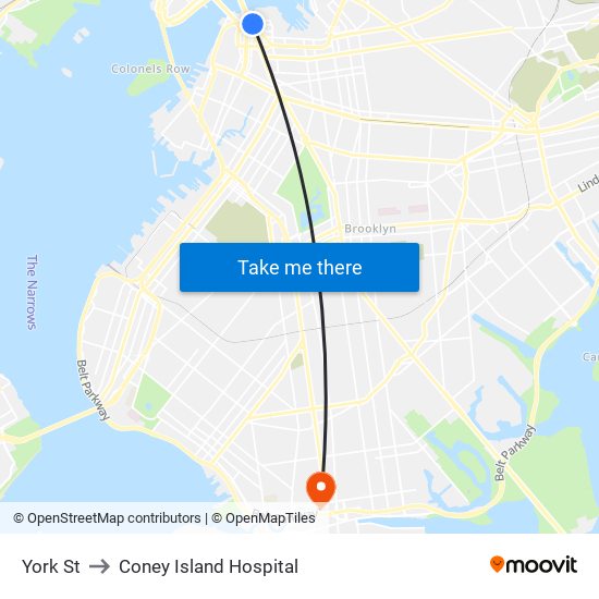 York St to Coney Island Hospital map