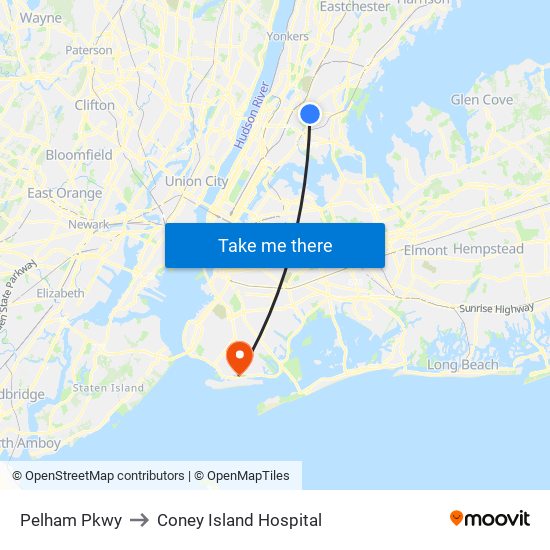 Pelham Pkwy to Coney Island Hospital map