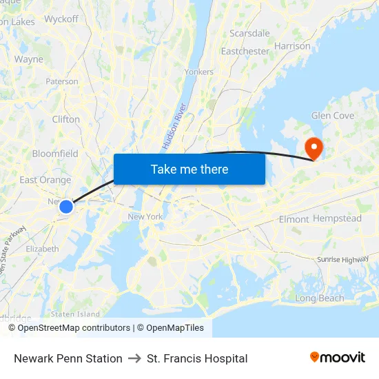Newark Penn Station to St. Francis Hospital map