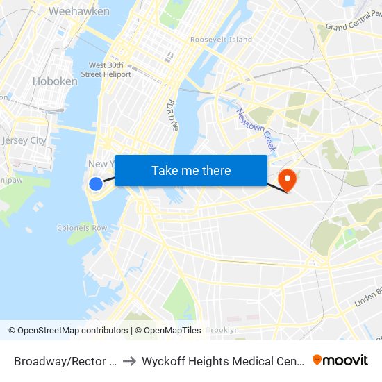 Broadway/Rector St to Wyckoff Heights Medical Center map