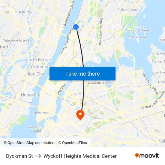 Dyckman St to Wyckoff Heights Medical Center map