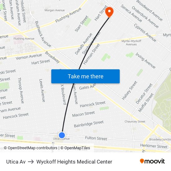 Utica Av to Wyckoff Heights Medical Center map