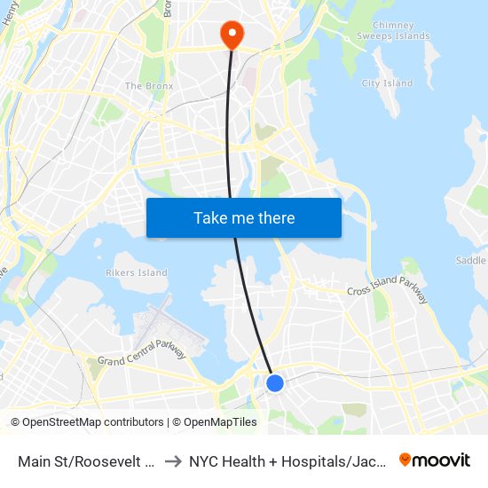 Main St/Roosevelt Av to NYC Health + Hospitals/Jacobi map
