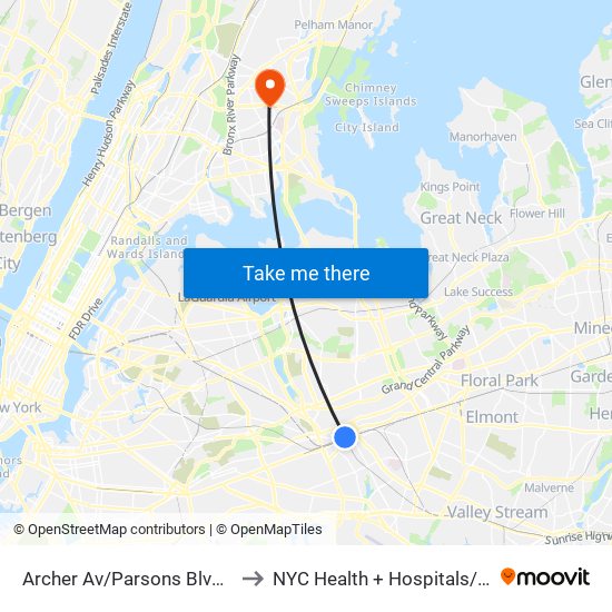 Archer Av/Parsons Blvd Bay D to NYC Health + Hospitals/Jacobi map
